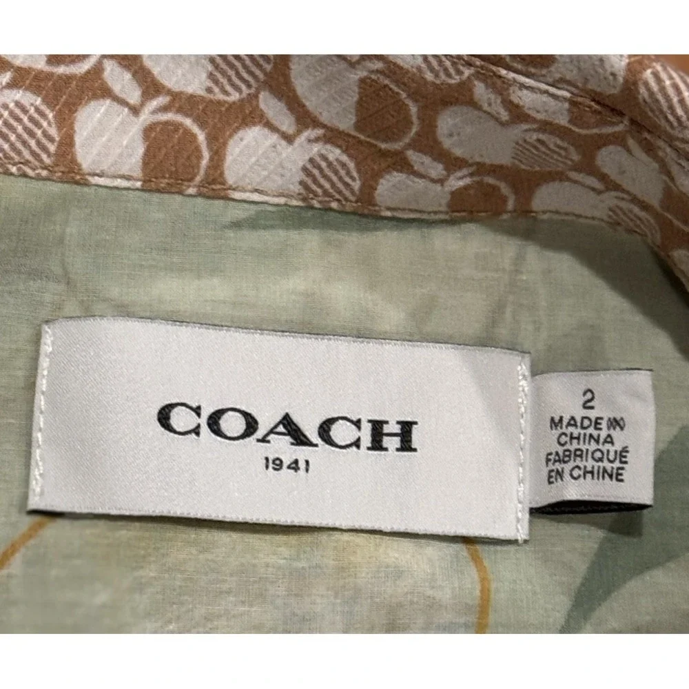 Coach Apple Print Cotton Cupro Ruffle Shirt Dress Sage Green Teacher Size 2 $700